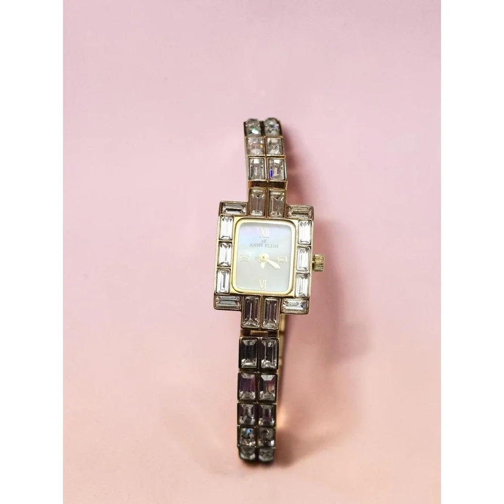 Vintage Anne Klein Women's Crystal Accented Gold Ladies Watch Opalescent